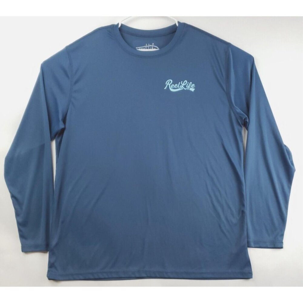 Reel Life Fishing T-Shirt Men 2XL Blue Long Sleeve Beach Bum Crew Neck